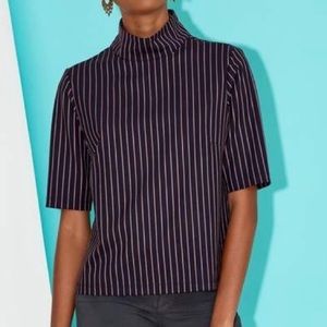 Argent Pinstripe Navy Red Short Sleeve Mock Turtleneck Blouse Top